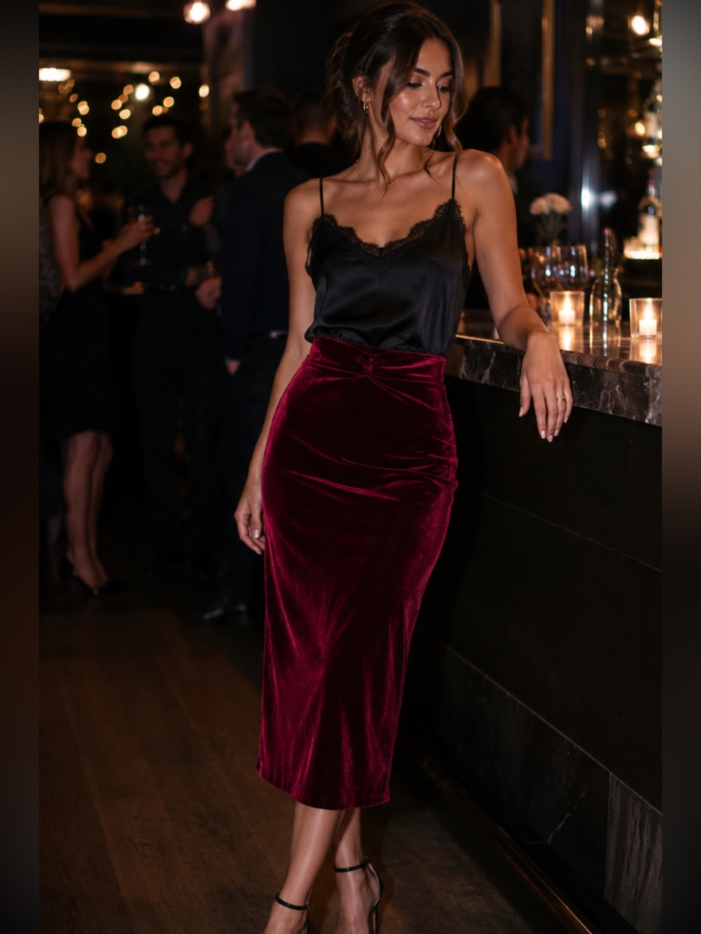 Reformation Burgundy Velvet Pencil Midi Skirt